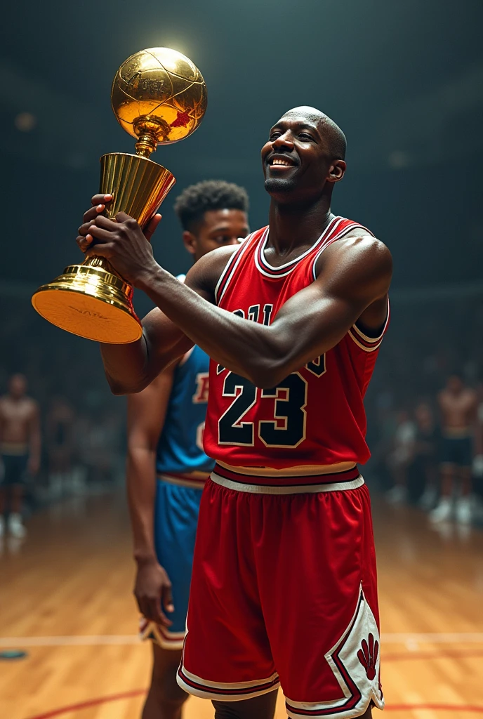 About Michael Jordan with his winner prize and behind him with sadness and his effort.