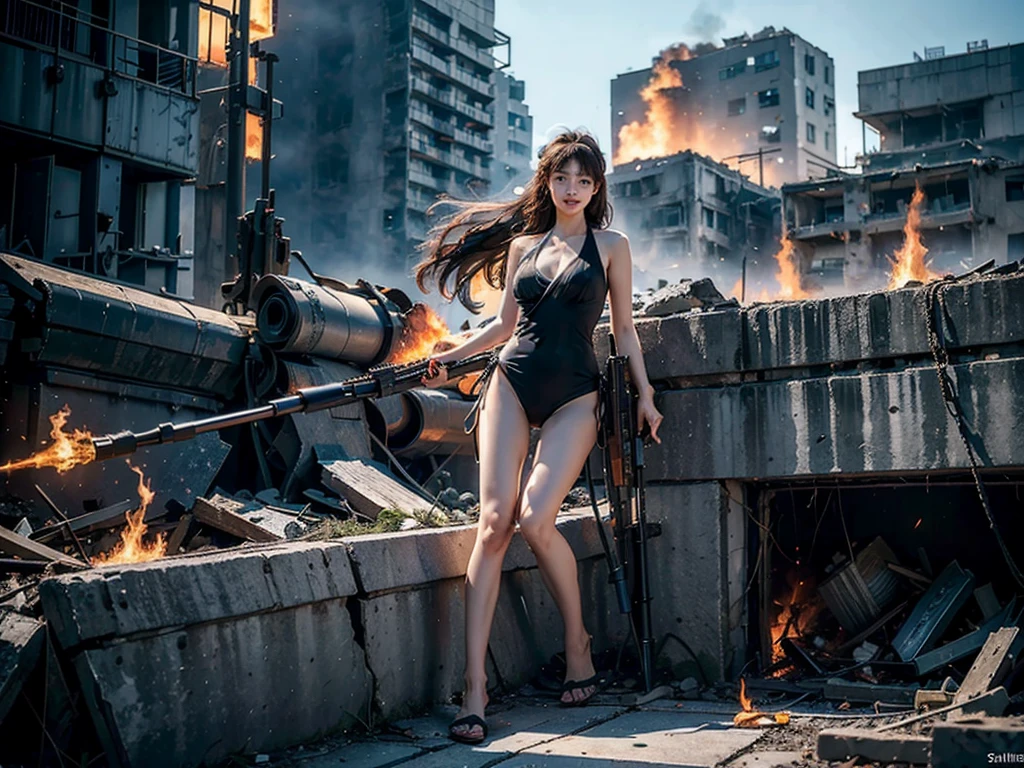 (Top quality,Ultra HD,lifelike: 1.4)(Cowboy Shooter 1),Beautiful armed girl, (K-Pop Idol) ,Full body close-up,Detailed face,opposition,Perfect anatomy,Smooth skin,Professional lighting, ((Wearing a light blue one-piece bikini,High-tech headphones,Black cloth tied around legs),Victory in battle,Smile of victory(background,Destroyed buildings,Fire, (Huge explosion) ) ,Full body close-up, (Holding weapon, Holding rifle, Purposeing, Purpose:1.2), gun, H&k hk416, 马gun, Fire