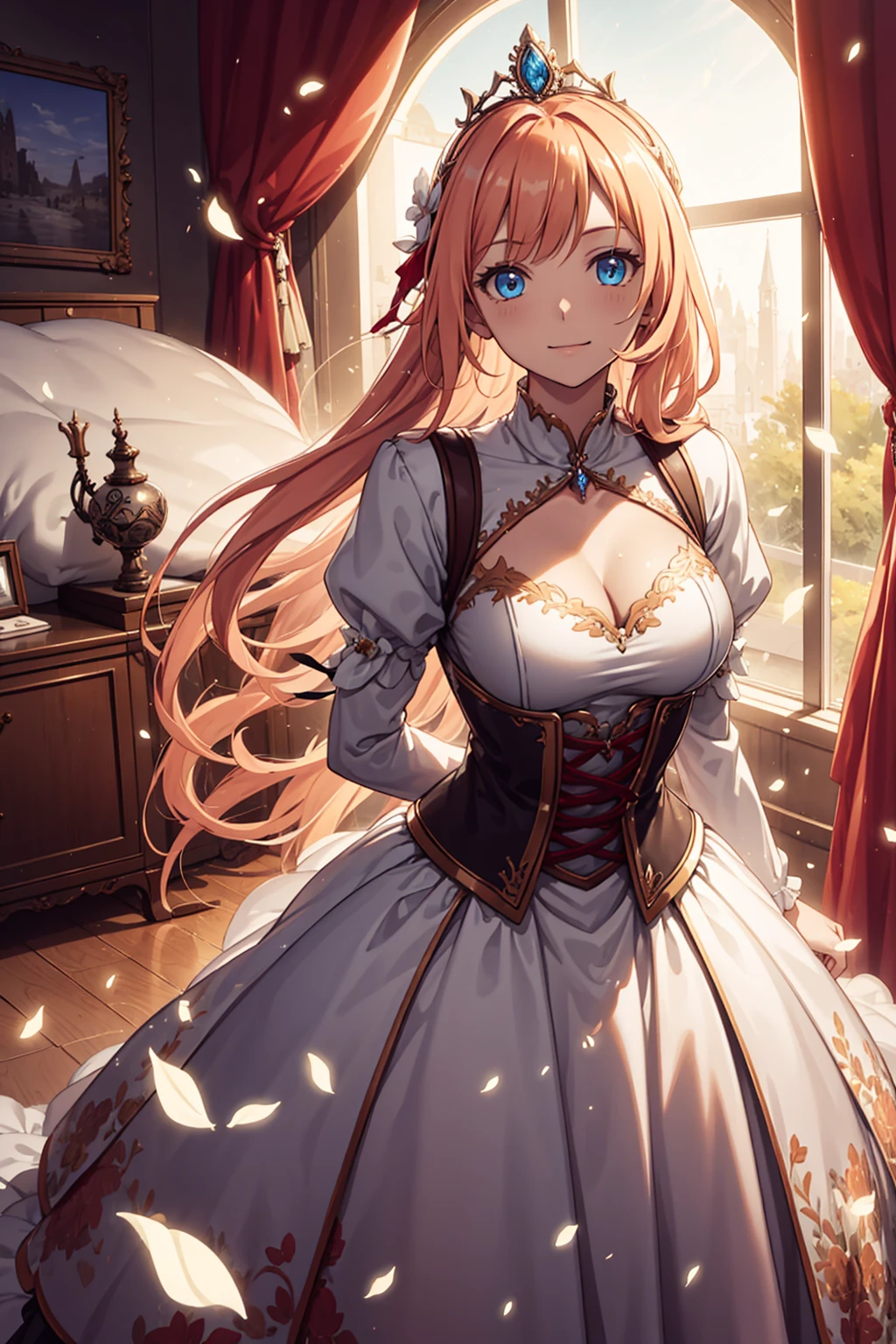 (best quality, high resolution, Textured Skin, high quality, High Detail,Extremely detailed CG unification), Girl，Obsessed，Divine happiness，in love，(Light Victorian Princess Dress:1.2)，Pink Hair，Blue eyes，(Gorgeous tiara of the princess)，Minimalism，Ruffles，Translucent lace，Multi-color cloth，Exquisite embroidery，delicate patterned，Beautifully dressed，Transparent outer skirt，bedroom，night，shiny，(Dazzle:1.2)，Movie Lighting，night，Alone，The skirt flutters，Exquisite face and hair details