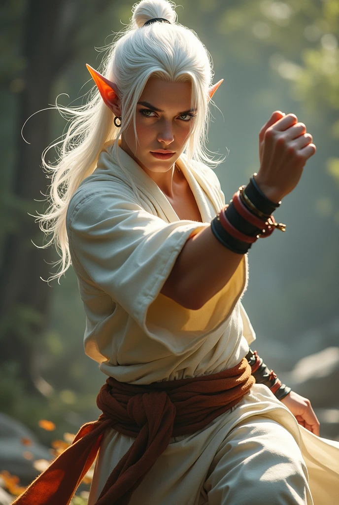 Young Elf male with white hair, monk in a fighting stance, fantasy style, realistic image of kick