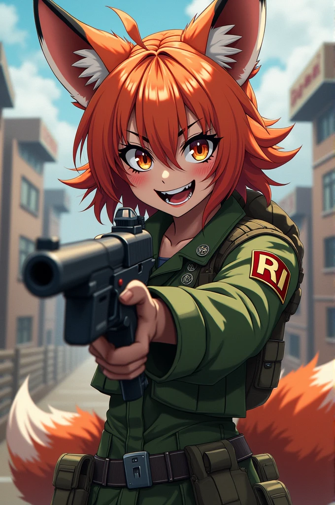 Fox anime girl pointy teeth fluffy ears alcoholic gun obsessed violent mentally unwell militar outfit 