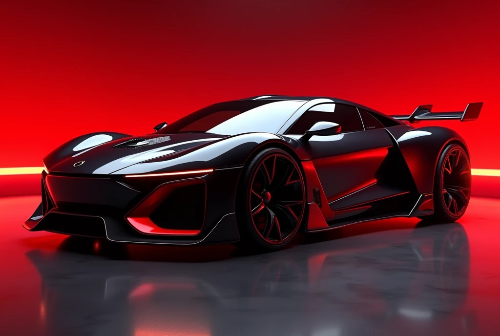 The image features a modern sports car that exhibits a sleek and aerodynamic design. The vehicle is painted in a glossy black color, with red accents highlighting its contours and the edges of the wheels. The car's body is low and wide, indicative of a design optimized for high-speed stability and agility. The front end of the car is not visible in this image, focusing instead on the side profile which showcases the car's muscular fenders and the pronounced air intakes on the side panels. The rear wing spoiler suggests a focus on performance and downforce at high speeds. The ambient lighting casts a dramatic red glow around the car, enhancing its aggressive stance and the luxurious, high-tech feel of its design. There are no discernible background elements other than the red-hued light that envelops the car, directing all attention to the vehicle itself, retina, accurate, masterpiece, super detail, high details, best quality, award winning, highres, HD, 4K, 8k, 16k, retina, accurate, masterpiece, anatomically correct, textured skin, super detail, high quality, award winning, highres, 8k, 16k