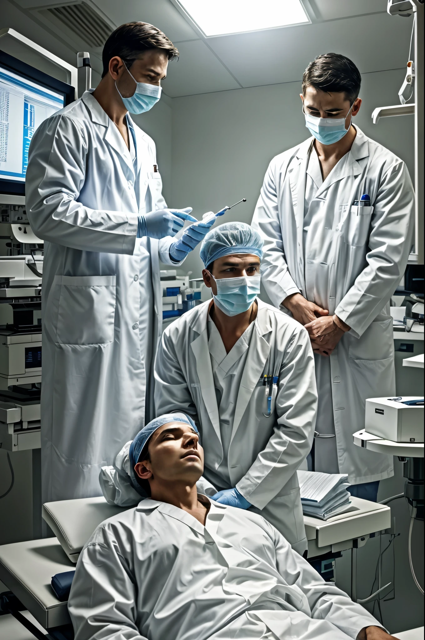 Title: Neurosurgery Scene: Men in White Coats Performing Brain Surgery in a Dimly Lit Environment

Description: Generate an image depicting a scene of men in white coats conducting neurosurgery in a dimly lit setting. The atmosphere should be somber, with subtle lighting casting shadows across the surgical theater. The surgeons, dressed in white coats and surgical masks, should be positioned around the operating table, focused intently on the delicate procedure unfolding before them. Advanced surgical equipment and monitors should be visible, emphasizing the complexity and precision of the operation. The overall mood should convey a sense of intensity and concentration, as the medical team works diligently amidst the subdued lighting of the operating room.