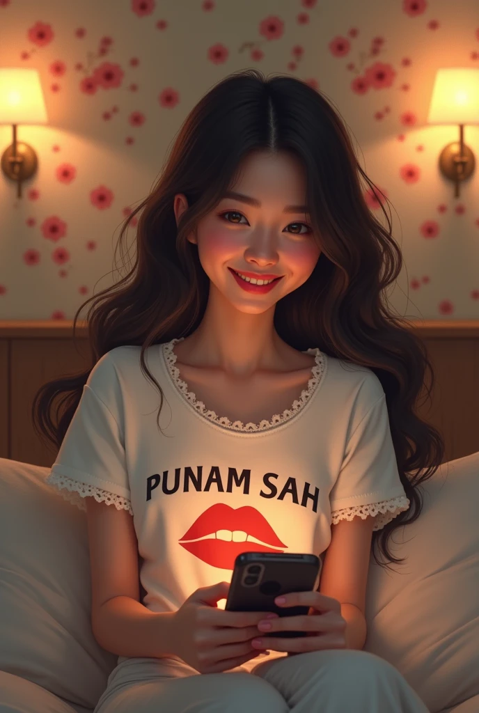 A young woman with long, dark hair is sitting on a bed, smiling while holding a smartphone. She wears a white t-shirt featuring the name PUNAM SAH in bold letters, with a red lips graphic and lace trim. The background displays a floral wallpaper design, and soft lighting from wall sconces creates a cozy atmosphere.