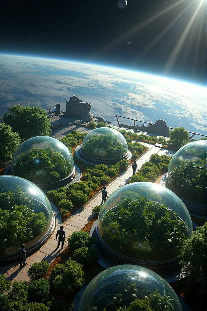 A space farming system floating in galaxy space around Earth on a large spaceship with several large glass domes. Inside, various types of plants vegetables and fruits are growing. These domes have light from the sun shining through the glass. and has an automatic watering and climate control system Robots working around