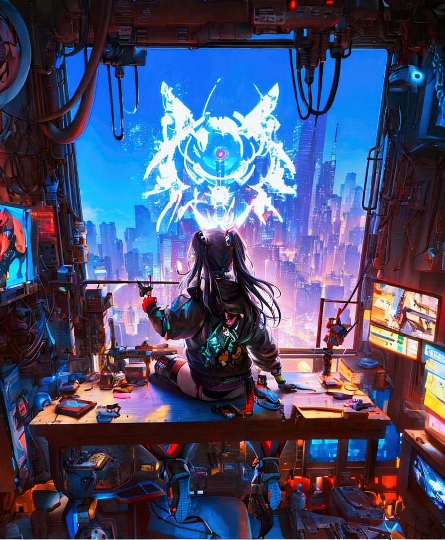 a close up of a person sitting on a table in a room, digital cyberpunk anime art, anime cyberpunk art, digital cyberpunk - anime art, cyberpunk anime art, cyberpunk art style, cyberpunk art, cyberpunk themed art, alice in wonderland cyberpunk, cyberpunk artstyle, dreamy colorful cyberpunk colors, cyberpunk digital art, anime cyberpunk, cyberpunk vibrant colors, cyberpunk anime girl