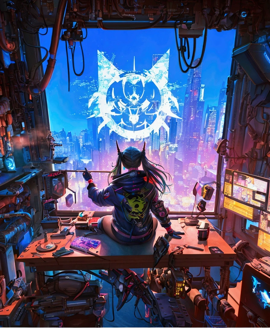 a close up of a person sitting on a table in a room, digital cyberpunk anime art, anime cyberpunk art, digital cyberpunk - anime art, cyberpunk anime art, cyberpunk art style, cyberpunk art, cyberpunk themed art, alice in wonderland cyberpunk, cyberpunk artstyle, dreamy colorful cyberpunk colors, cyberpunk digital art, anime cyberpunk, cyberpunk vibrant colors, cyberpunk anime girl