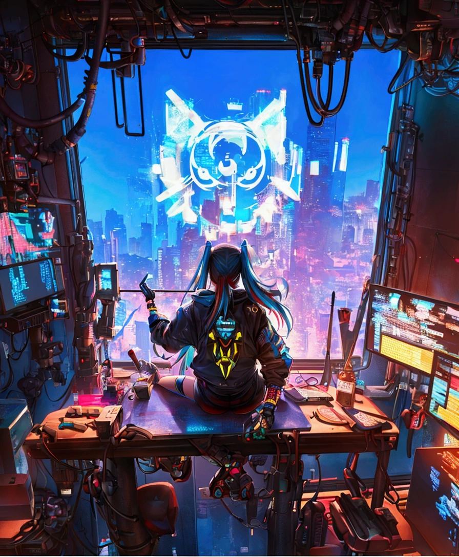 a close up of a person sitting on a table in a room, digital cyberpunk anime art, anime cyberpunk art, digital cyberpunk - anime art, cyberpunk anime art, cyberpunk art style, cyberpunk art, cyberpunk themed art, alice in wonderland cyberpunk, cyberpunk artstyle, dreamy colorful cyberpunk colors, cyberpunk digital art, anime cyberpunk, cyberpunk vibrant colors, cyberpunk anime girl
