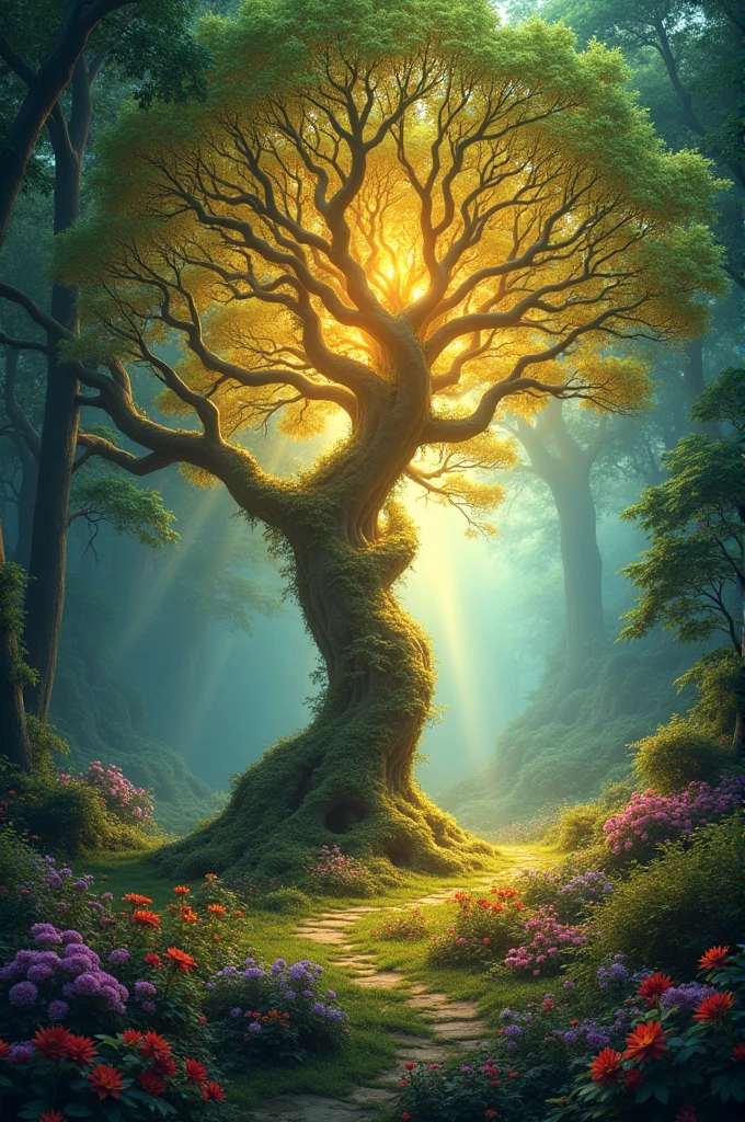 A magical forest with a radiant tree at its center, glowing warmly in the sunlight. The tree is surrounded by lush greenery and vibrant flowers."