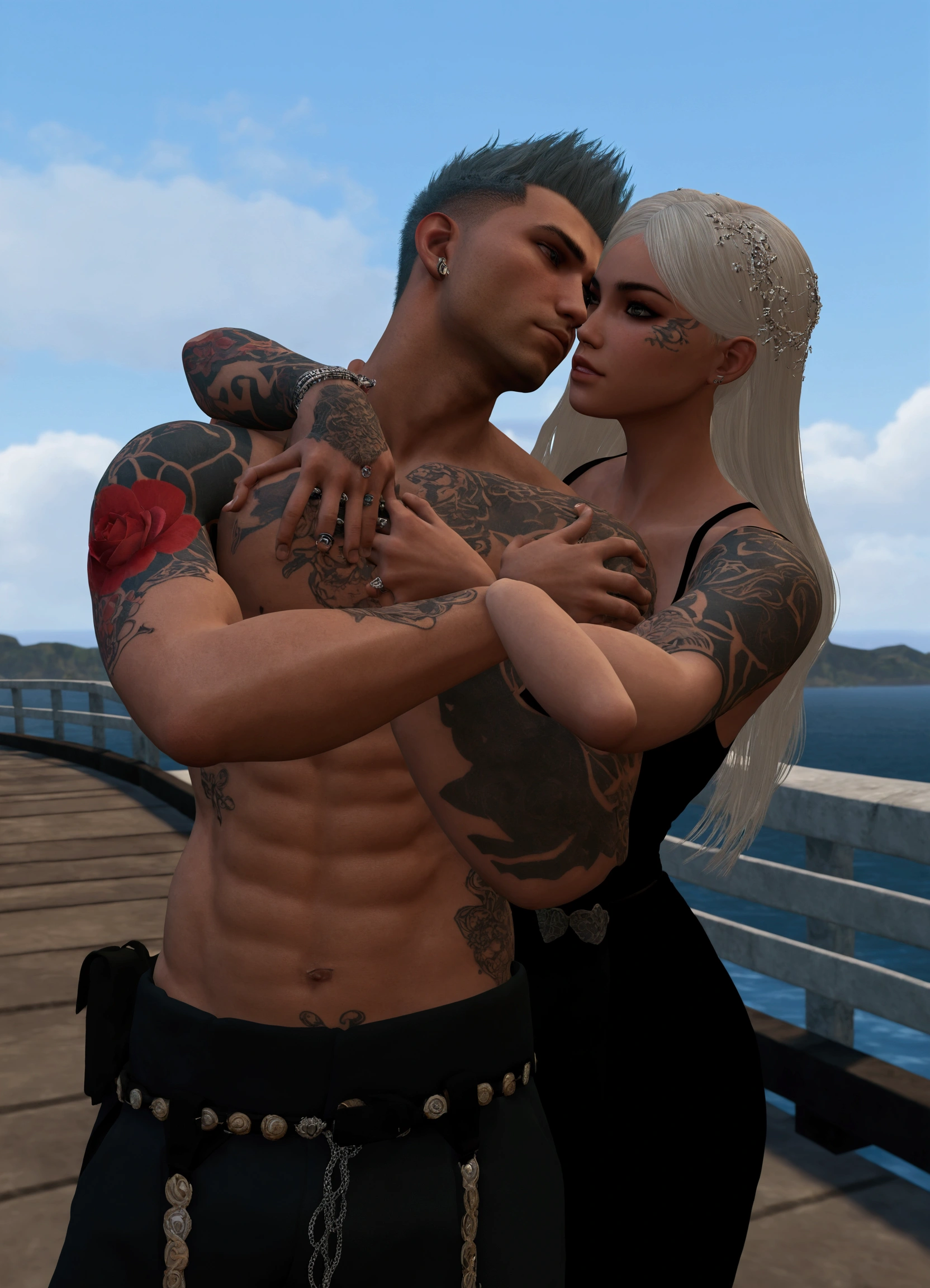 there is a man and a woman standing next to each other, couple pose, avatar da secondlife, posing for an intricate fight, intertwined full body view, secondlife, hug, tatuados, a tattoo, daz. detailded, They are in love, charli bowater and artgeem, Realistic Scene, on a bridge, detailded scene