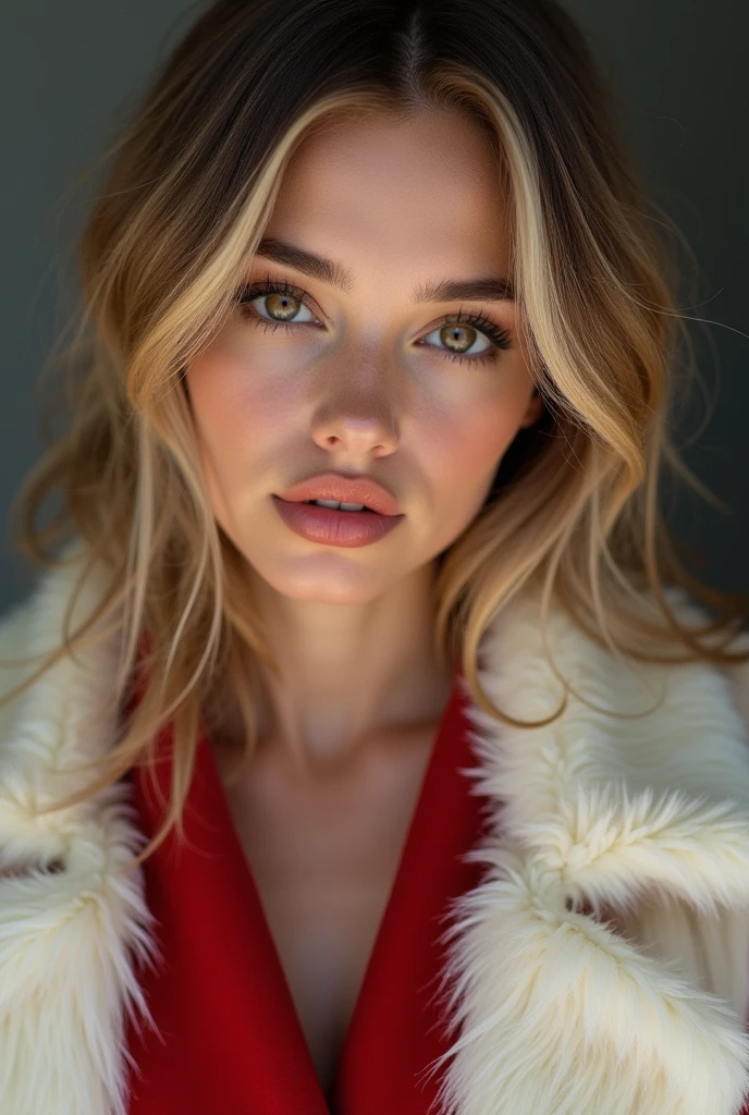 Femme brune aux mèches blondes qui ressemble à Sophie Mudd vêtue d'un manteau a fourrure rouge et blanc