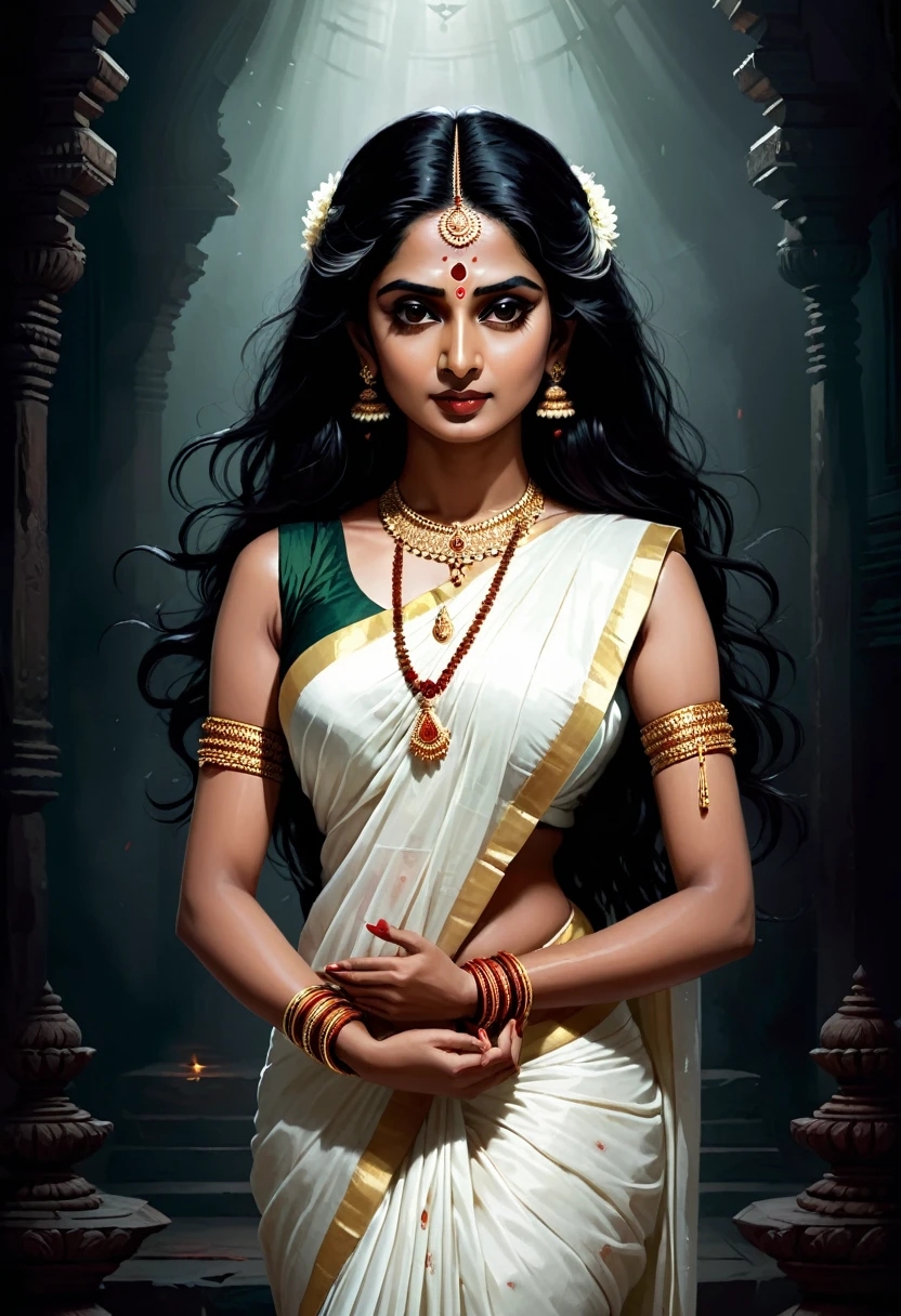 Digital illustration with a dark, eerie style. The layout features a central figure, idol of an indian woman with long, disheveled black hair, towards the viewer., bharatnatyam dancing pose , Her skin is pale, and her eyes are glowing white, scary looks, giving her a menacing appearance. The woman is dressed in a white saree (sleeveless) , dark atmosphere, scary bloody ambience