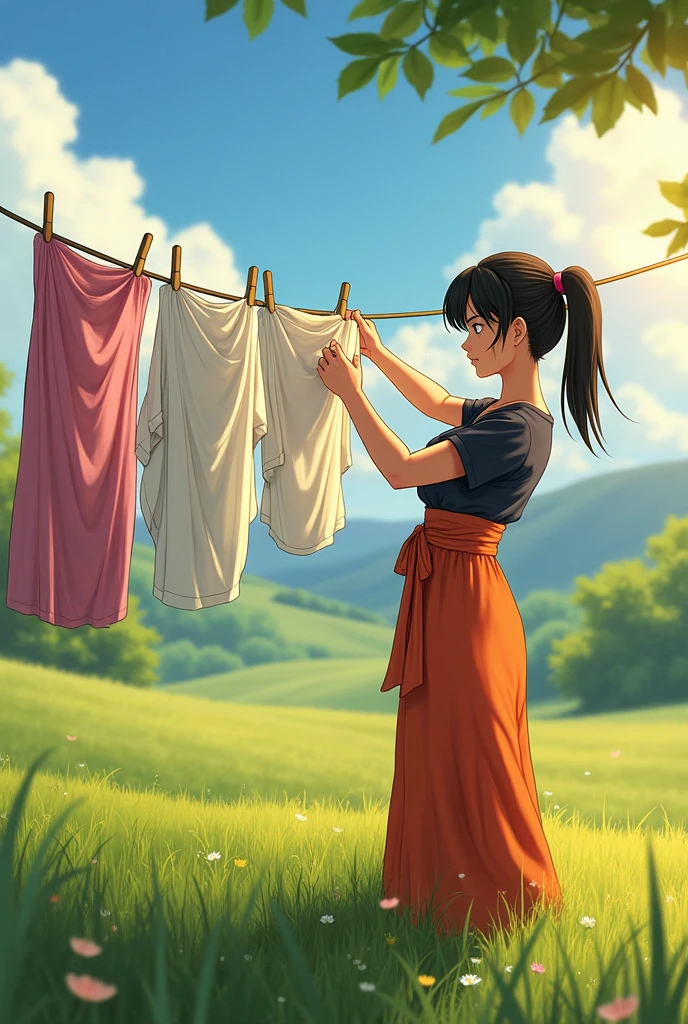 Chichi, Goku's wife, hanging clothes