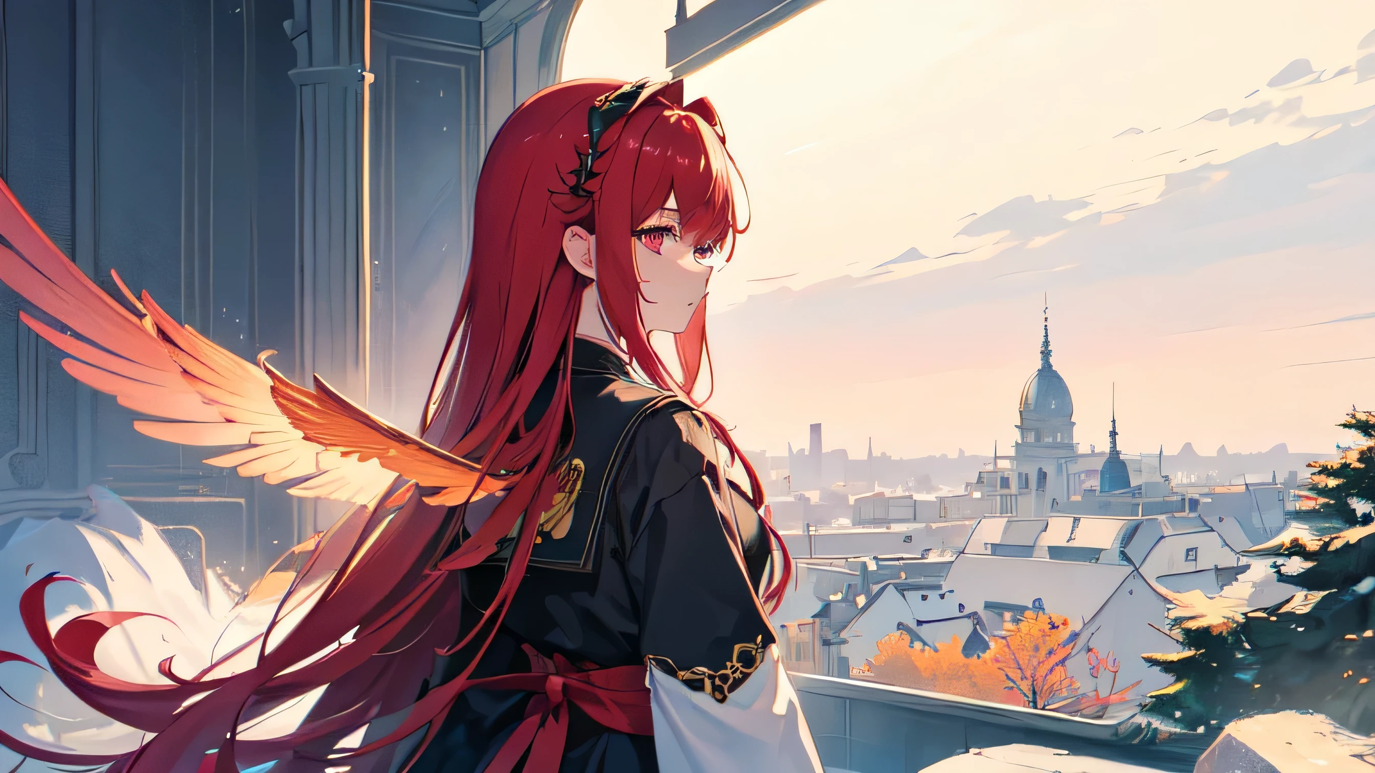 god々Shii、android、girl、cool、Red hair、It has wings、Back view、turn around、{Highest quality},{{masterpiece}},{High resolution},Very detailedCG,Very detailed8K wallpaper,(((masterpiece))),(((Highest quality))),((Very detailed)),(figure),((sketch)),(Painting),((landscape)),(Detailed light)、Figure Library