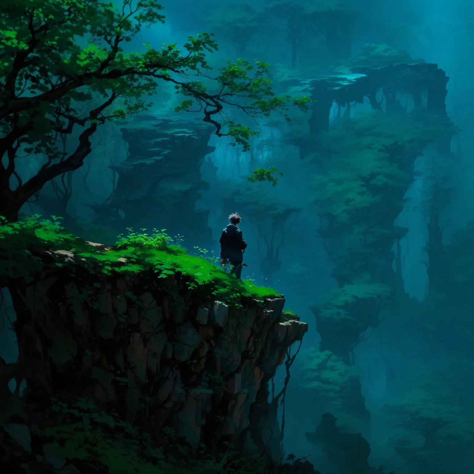 there is a man standing on a cliff looking at the water, anime nature wallpap, makoto sinkai, makoto shinkai cyril rolando, andreas rocha style, concept art wallpaper 4k, avatar landscape, anime nature, anime lush john 8k woods, atey ghailan and steve mccurry, deep jungle from another world, anime art wallpaper 4k
