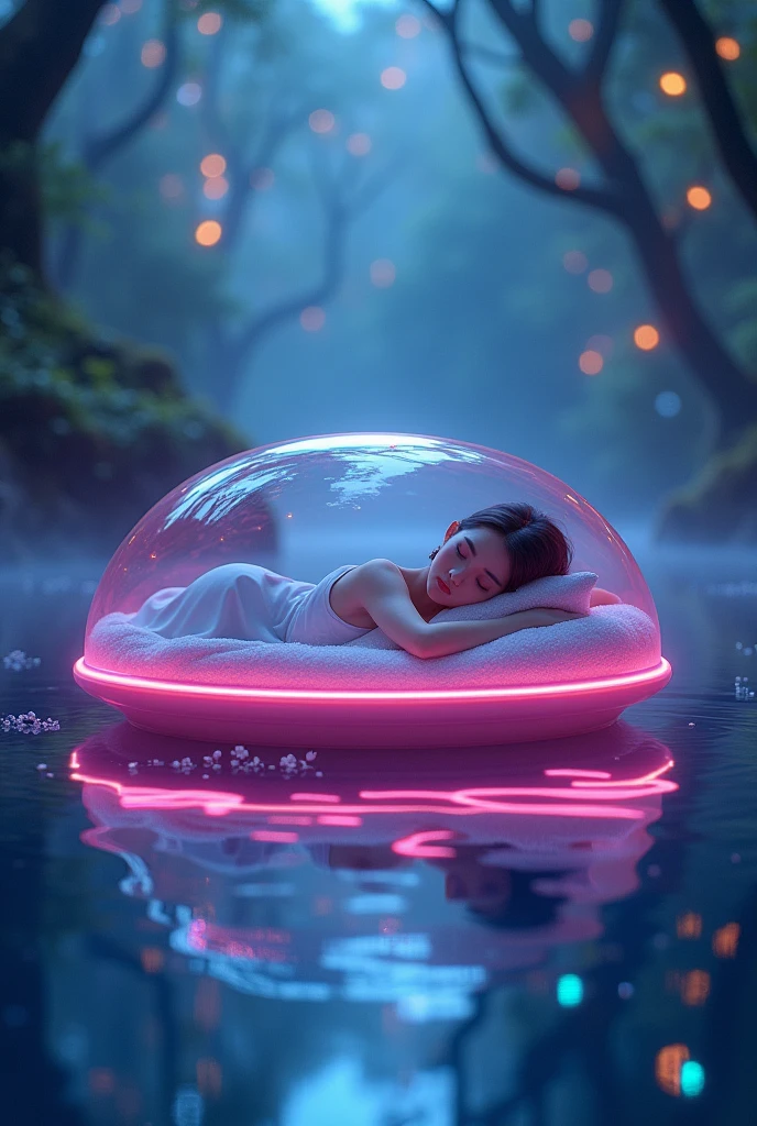 Neon color，Bed in water，capsule，Beauty is sleeping