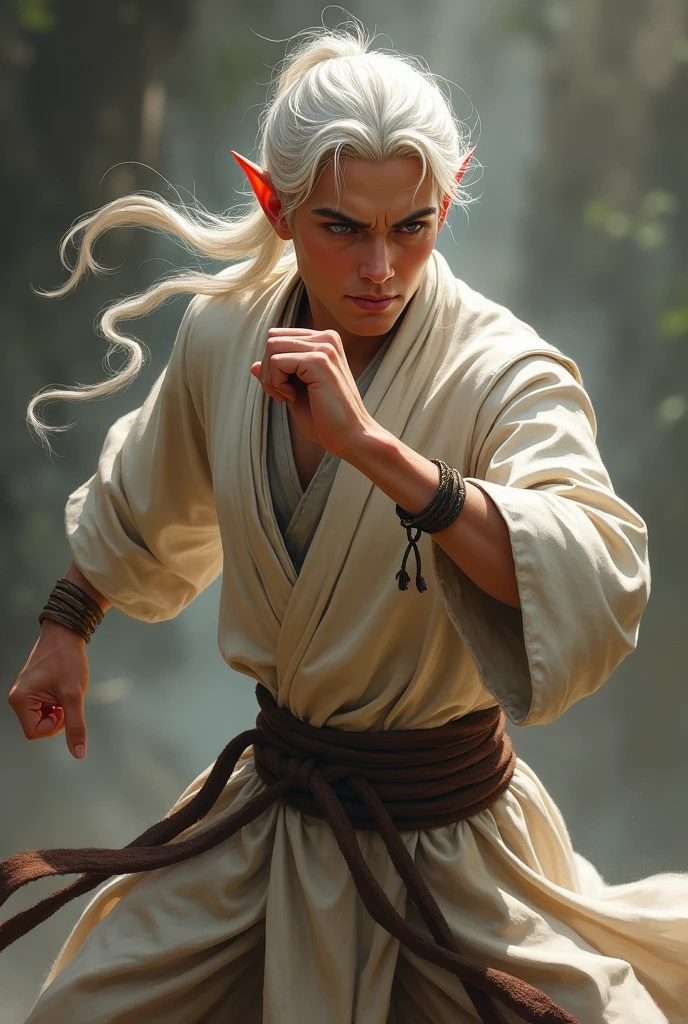 Young Elf male with white hair, monk in a fighting stance, fantasy style, realistic image kick grin