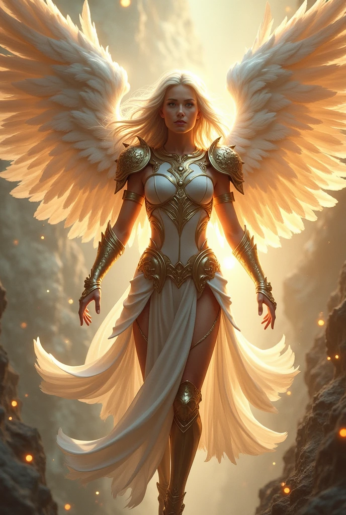 Woman, angel, wings, light hair, fantasy, magical, fully armored, flying, dnd, muscular