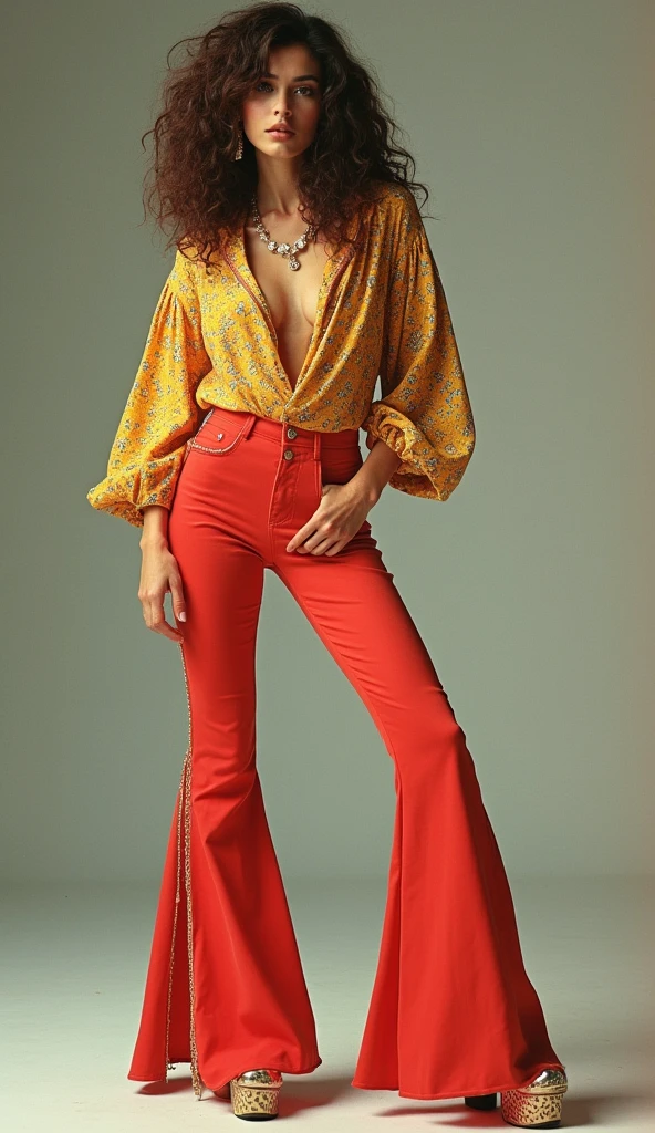 "70s fashion portrait, vibrant colors, flared pants, platform shoes, disco glam"
