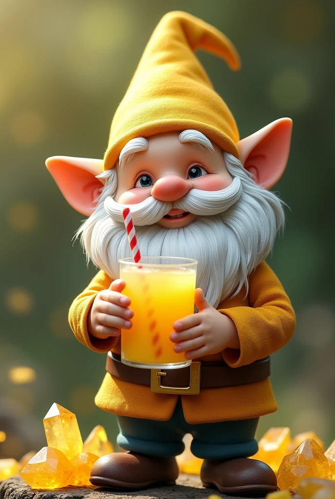 ((best qualityer)), ((work of art)), (detailded), 1 gnome, standing, happy with his lemonade and valuable, bright yellow citrine crystals.