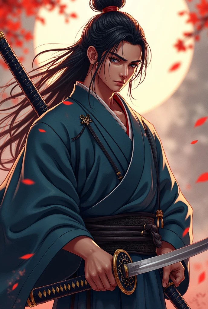 (Highest quality、 8k 、masterpiece、High resolution)、Japanese Samurai、1. Man、A young Edo period swordsman、Musashi Miyamoto、Dual-wielding master、Holding the hilt of a sword、Anime Art、(The blade is about 80cm long.、The stem is short, about 20 cm.、The sword has a rounded tsuba)、Official Art、Detailed CG、