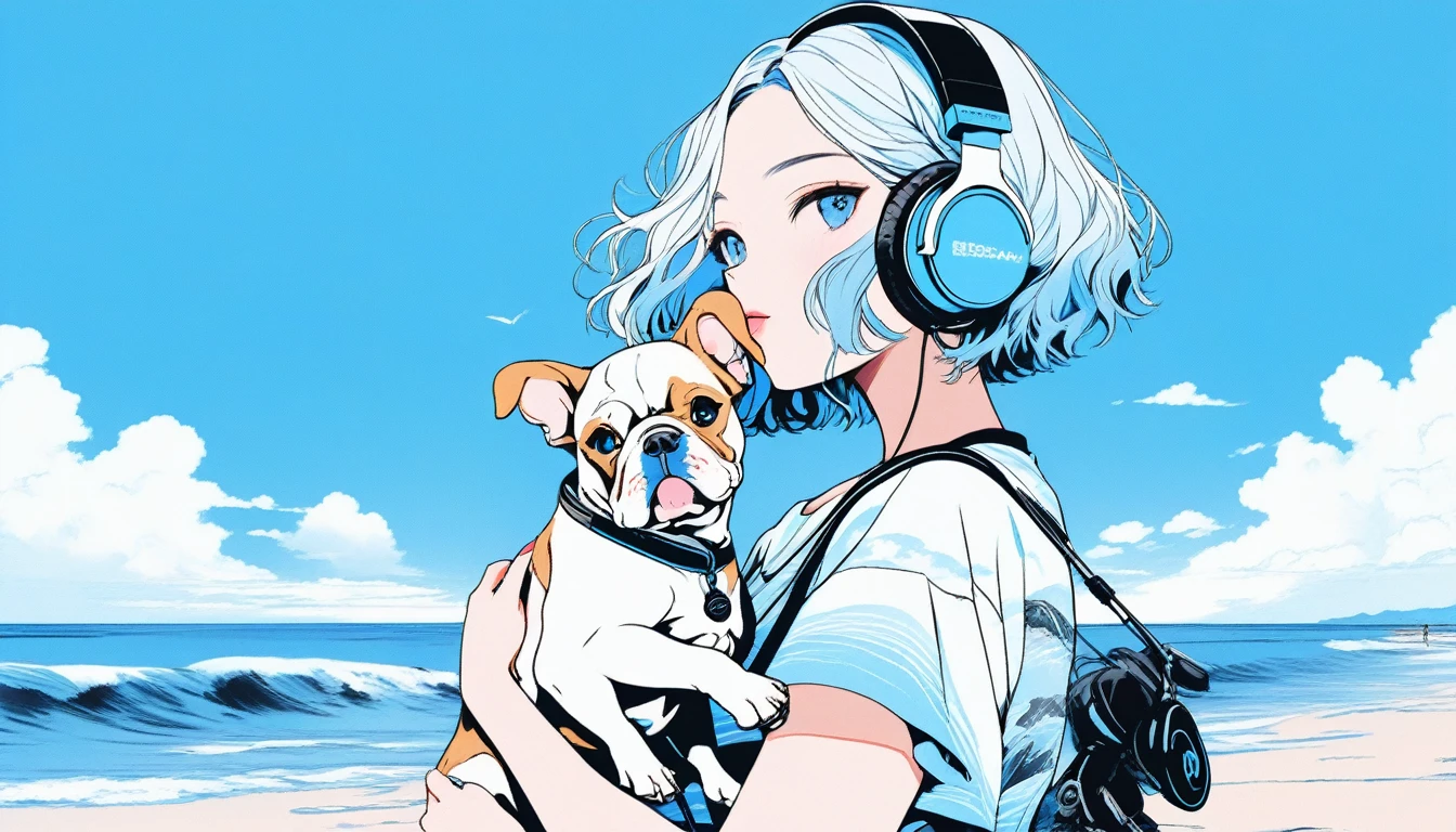 Illustrator, anime , Realistic ,sketch , An adult woman holding a cute bulldog puppy wearing headphones, lip, nail、T-shirt,order,Textured Trim, (masterpiece,Highest quality) Blue background, Neon Hair,Textured Trim, Canadian, (masterpiece,Highest quality) Cancer，Summer landscape、Seaside、Blue sky、white waves、Vision、Resort