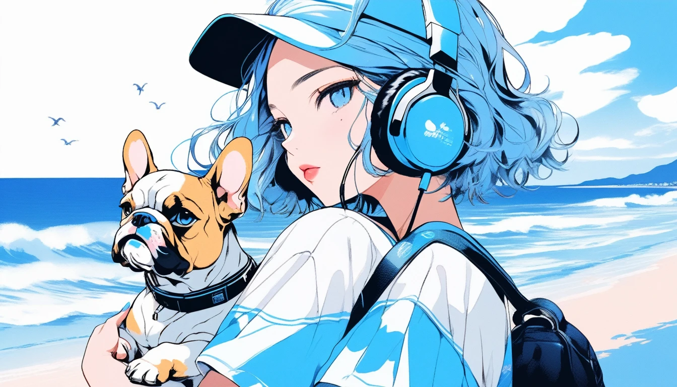 Illustrator, anime , Realistic ,sketch , An adult woman holding a cute bulldog puppy wearing headphones, lip, nail、T-shirt,order,Textured Trim, (masterpiece,Highest quality) Blue background, Neon Hair,Textured Trim, Canadian, (masterpiece,Highest quality) Cancer,Summer landscape、Seaside、Blue sky、white waves、Vision、Resort