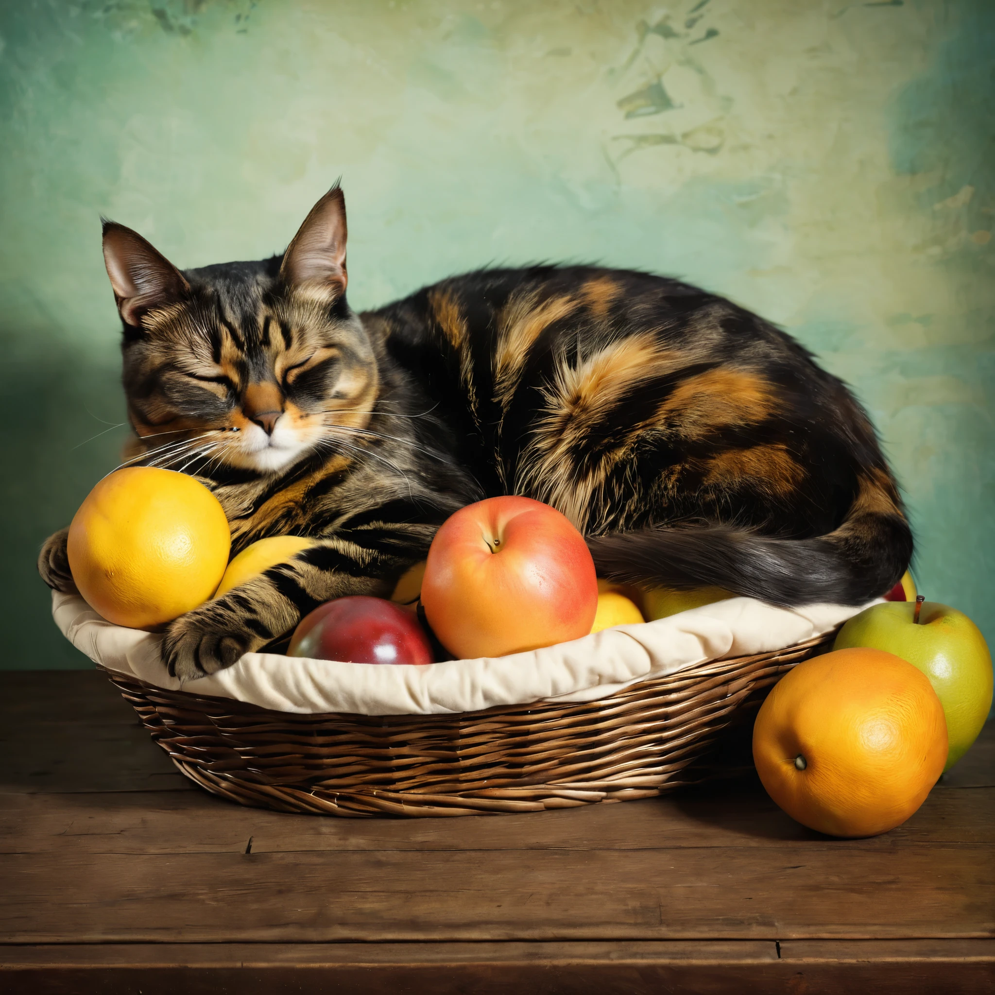 side view angle shot of a tortie cat sleeping on a fruit basket, retro style photo, accurate details, ultra realistic