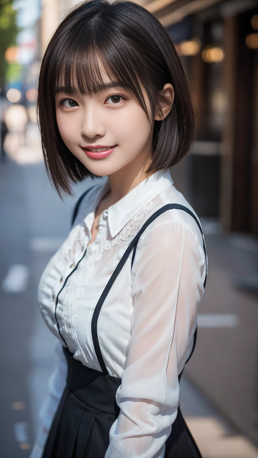 (Highest quality,masterpiece:1.3,Ultra-high resolution),(Very detailed,Caustics,8k),(Realistic:1.4,RAW shooting),1 girl,(Look at the camera with a smile),20-year-old,cute,Japanese,Short black hair,Long sleeve blouse,big ,Bust up shot,street,Face Focus,Natural light,Backlight,Professional Writing,(Low position),(Low Angle)