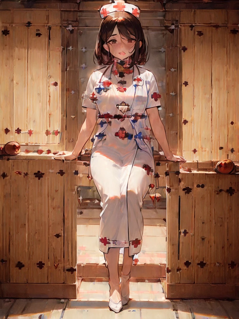(((medicine:1.9)))Close up on brown hair:1.3. Wavy Hair:1.3. Bob Cut Hair:1.6. Round Eyes Beauty:1.3. Well-shaped breasts, large breasts, brown eyes, side-swept bangs:1.6. My cheeks are red:1.3 テーブルの上 medicine:1.3. A small glass of clear water, a white blouse, short sleeves, stylish, a red long skirt:1.3 Apartment room Sitting on a chair Table