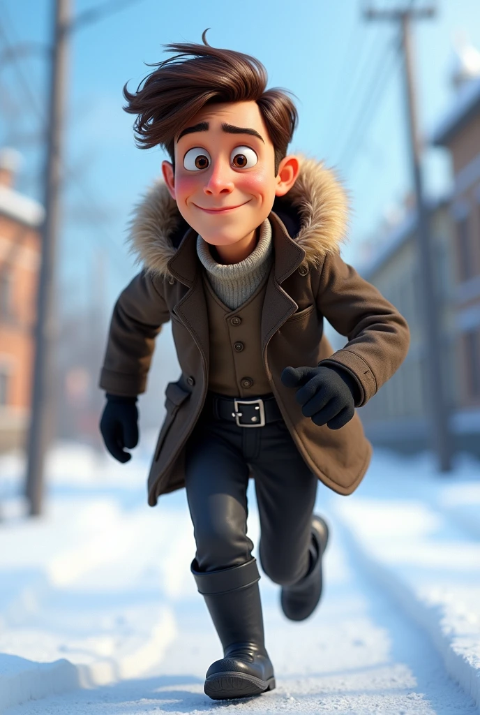 Pixar style, animation, 3d, journalist, 1900s, Russia, snow background, journey, camera, 30s age, adventure, running , movie poster, high quality, running face expression, vantage camera on his hand, full body shows. Disney, wearing a black boots