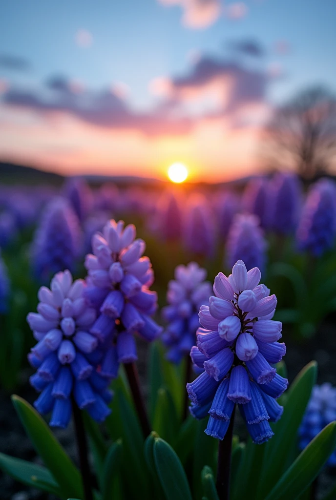 A field with purple hyacinths and a blue sunset