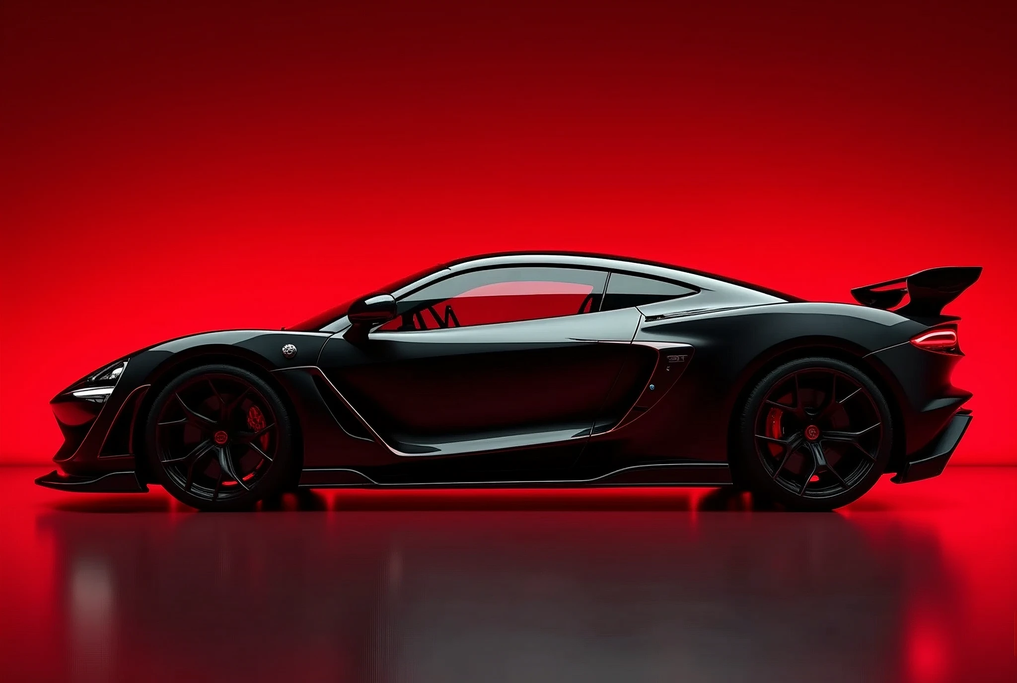 The image features a modern sports car that exhibits a sleek and aerodynamic design. The vehicle is painted in a glossy black color, with red accents highlighting its contours and the edges of the wheels. The car's body is low and wide, indicative of a design optimized for high-speed stability and agility. The front end of the car is not visible in this image, focusing instead on the side profile which showcases the car's muscular fenders and the pronounced air intakes on the side panels. The rear wing spoiler suggests a focus on performance and downforce at high speeds. The ambient lighting casts a dramatic red glow around the car, enhancing its aggressive stance and the luxurious, high-tech feel of its design. There are no discernible background elements other than the red-hued light that envelops the car, directing all attention to the vehicle itself, retina, accurate, masterpiece, super detail, high details, best quality, award winning, highres, HD, 4K, 8k, 16k, retina, accurate, masterpiece, anatomically correct, textured skin, super detail, high quality, award winning, highres, 8k, 16k