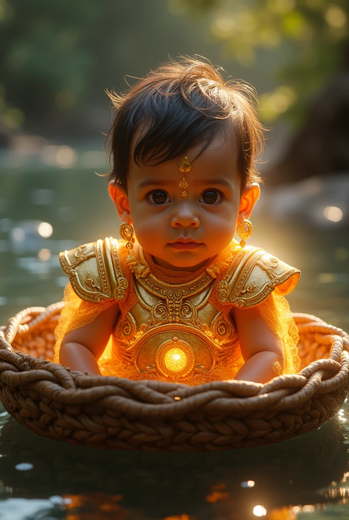 Small baby with the armour given by the Sun god with golden earrings from Surya Dev with the glow of the sun in whole body a great warrior in his destiny in river inside a basket