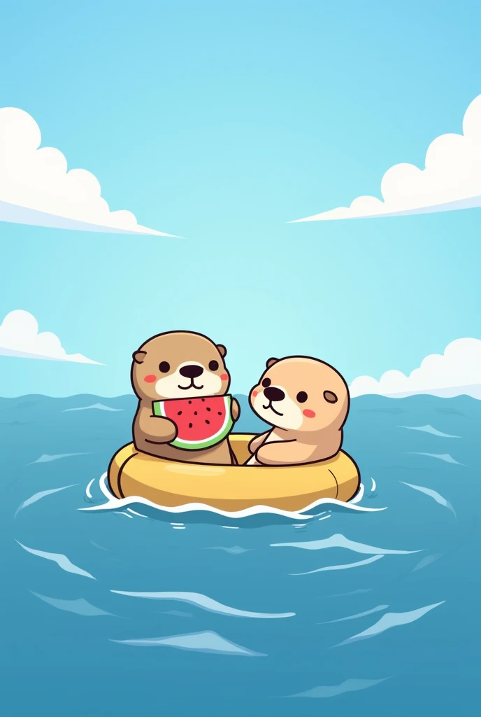 Floating at sea, 2Sea Otter, eat watermelon, 日本cartoon, cartoon, Sunlight