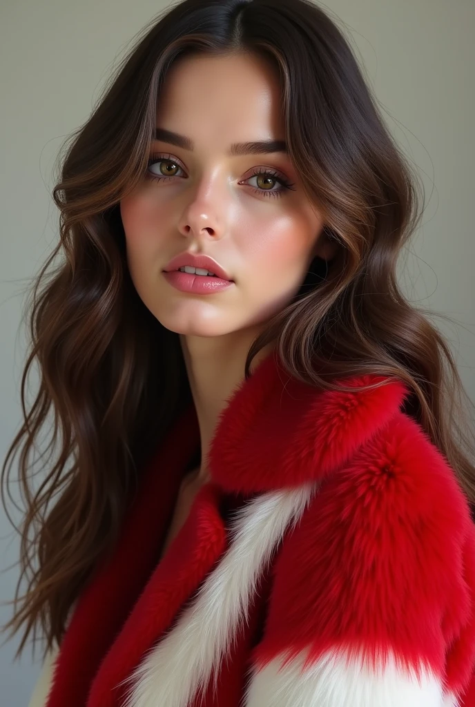 Femme brune long cheveux aux mèches blondes qui ressemble à Sophie Mudd realiste vêtue d'un manteau a fourrure rouge et blanc