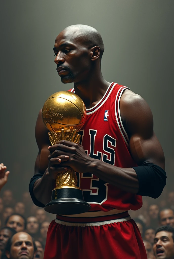 About Michael Jordan with his winner prize and behind him with his sadness and his effort.