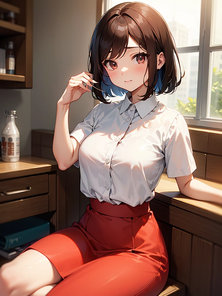 medicine:1.Close-up on 9 Brown Hair:1.3. Wavy Hair:1.3. Bob Cut Hair:1.6. Round Eyes Beauty:1.3. Well-shaped breasts, large breasts, brown eyes, side-swept bangs:1.6. My cheeks are red:1.3 テーブルの上 medicine:1.3. A small glass of clear water, a white blouse, short sleeves, stylish, a red long skirt:1.3 Apartment room Sitting on a chair Table