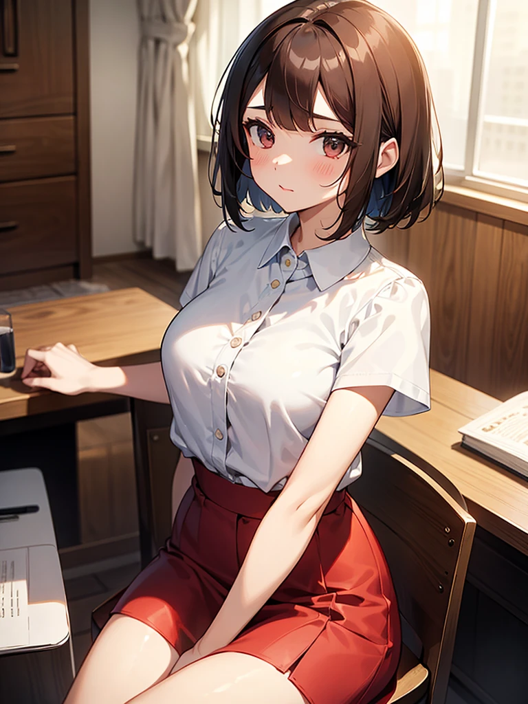 medicine:1.Close-up on 9 Brown Hair:1.3. Wavy Hair:1.3. Bob Cut Hair:1.6. Round Eyes Beauty:1.3. Well-shaped breasts, large breasts, brown eyes, side-swept bangs:1.6. My cheeks are red:1.3 テーブルの上 medicine:1.3. A small glass of clear water, a white blouse, short sleeves, stylish, a red long skirt:1.3 Apartment room Sitting on a chair Table
