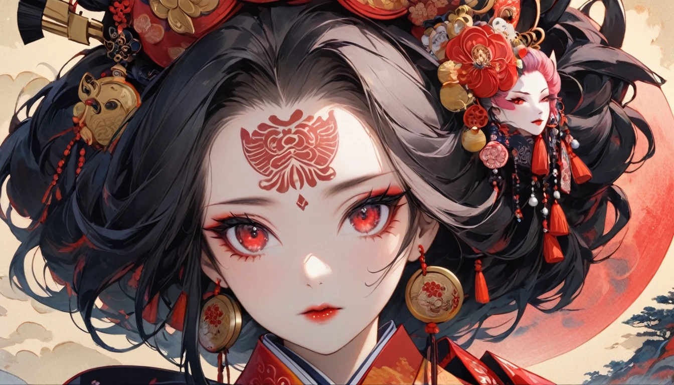 Ink painting, (((1 girl))), (((Tattoo in the middle of the forehead))),(((In the background is the Akatsuki moon))), (((Oiran))), (((Great hair accessories))), Japanese style headphones, Demon possession, (((Red eyes with an inscription inside them))),Face up close, Japanese beauty, Red , Sensitive and precise, Modern Ukiyo-e style