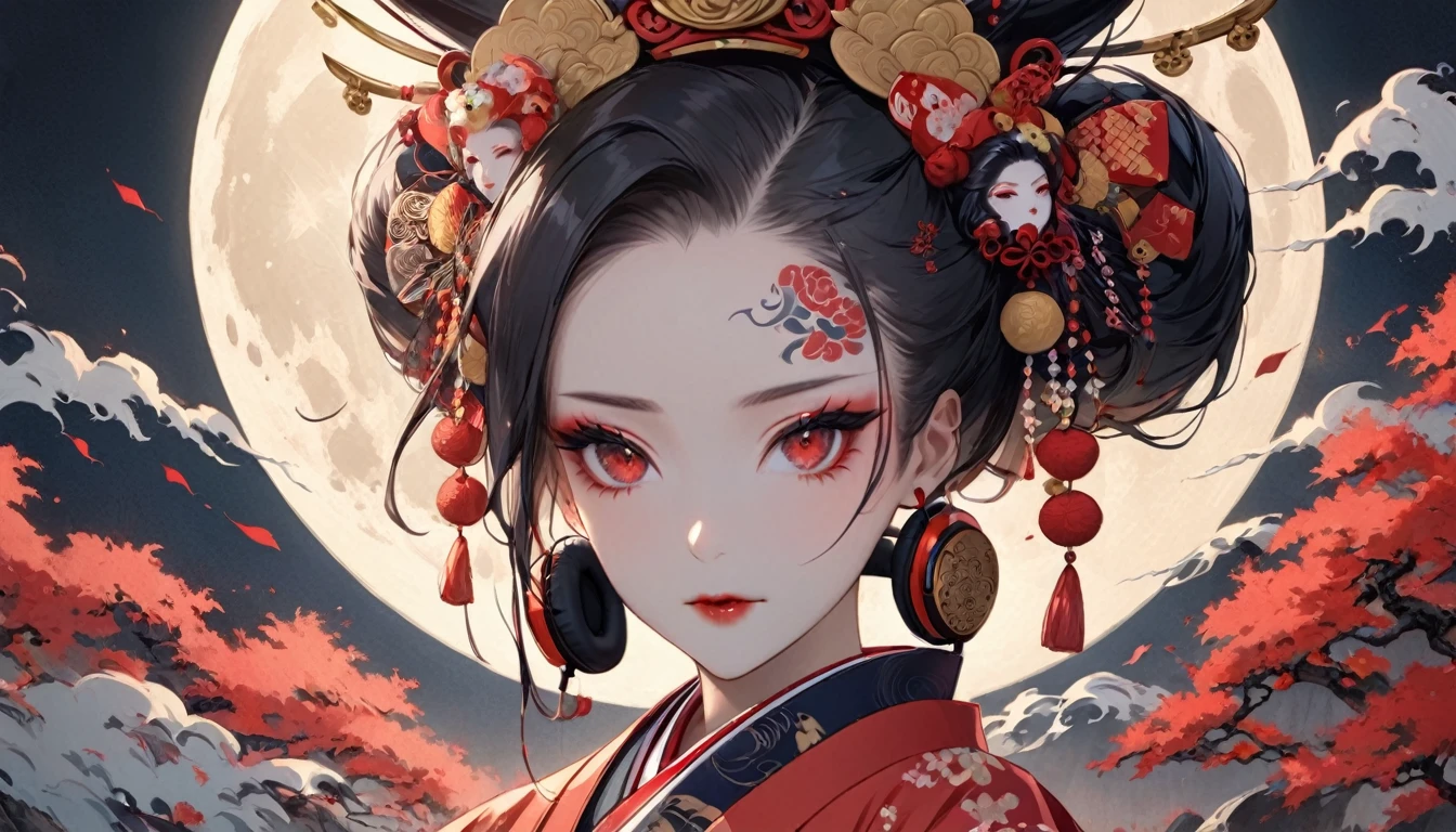 Ink painting, (((1 girl))), (((Tattoo in the middle of the forehead))),(((In the background is the Akatsuki moon))), (((Oiran))), (((Great hair accessories))), Japanese style headphones, Demon possession, (((Red eyes with an inscription inside them))),Face up close, Japanese beauty, Red , Sensitive and precise, Modern Ukiyo-e style