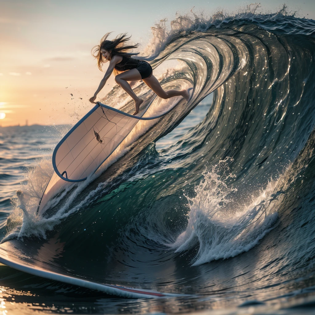 (Luminism:1.28), Side view, TopQuality 8K Masterpiece (ProfessionalPHOTO:1.37) (Extremely Detailed (A girl Riding on a Life Size surfboard)), Colorful morning Glory Rays, (There is Only one surfboard under her foot:1.32) Sparkling Waves Splashing water Particles, Glowing Wet Hair, hourglass body type, Dynamic motion blur, {Perfect Hand|Perfect Limbs}, (Surfing Photos:1.4) (((nothing hold)))