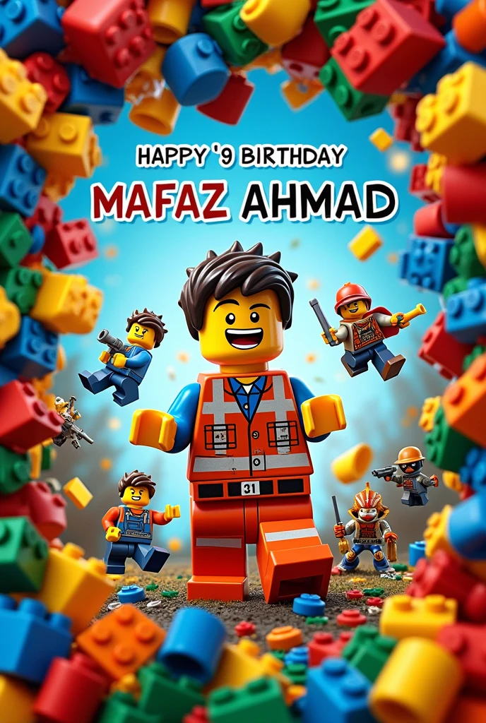 "Design a vibrant LEGO-themed birthday invitation card for a 9-year-old boy named :Mafaz Ahmad. The card should feature colorful LEGO bricks and characters, with playful fonts and elements. Include the following text: 'Join us to celebrate Mafaz Ahmad's 9th Birthday!' Venue: KFC Cantt, Multan. Time: 4:00 PM. The overall design should be fun, lively, and appealing to children, incorporating LEGO-themed graphics and a cheerful atmosphere."