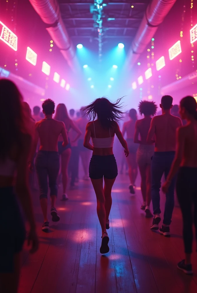 Generate an image of a club with neon lighting a woman running through the crowd camera short from behind on a dance floor with motion blur and long exposer short sparkle neon lighting lookin like a movie scenes