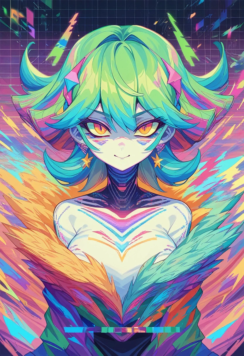 (masterpiece, top quality, Best quality, official art, beautiful and aesthetically pleasing:1.2), 1 girl, glitch art, (digital distortion), pixel fragments, data corruption,colorful noise, visual chaos,modern aesthetics