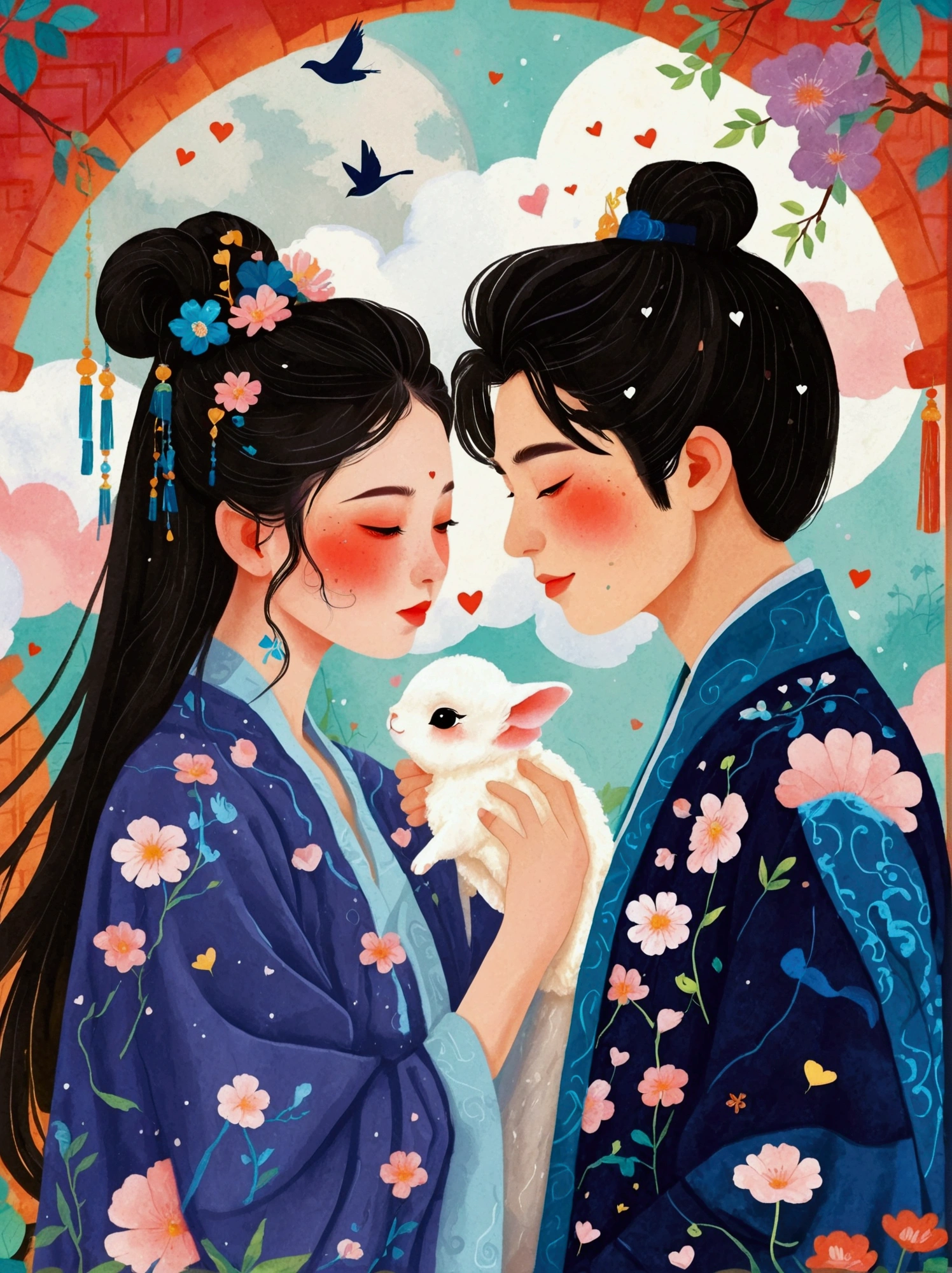 Wool felt style,Surreal space,abstract,Valentine's Day,Ancient Chinese Mythology,Hanfu,Boys and girls snuggle together,Standing on the arch bridge,A calf stands at the boy's feet,Fluffy love heart,Fluffy clouds,Star,Beautiful moon,Magpie,Grass,Flowers,In a dream,A vibrant and fun way to set the stage,Blue, purple and pink tones,Bright,Art