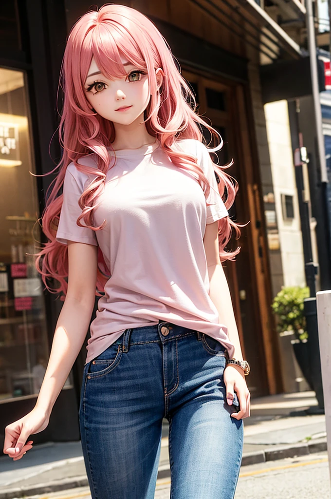 Pink Hair Wavy Long Hair Golden Eyes sexy Beauty shirt jeans City