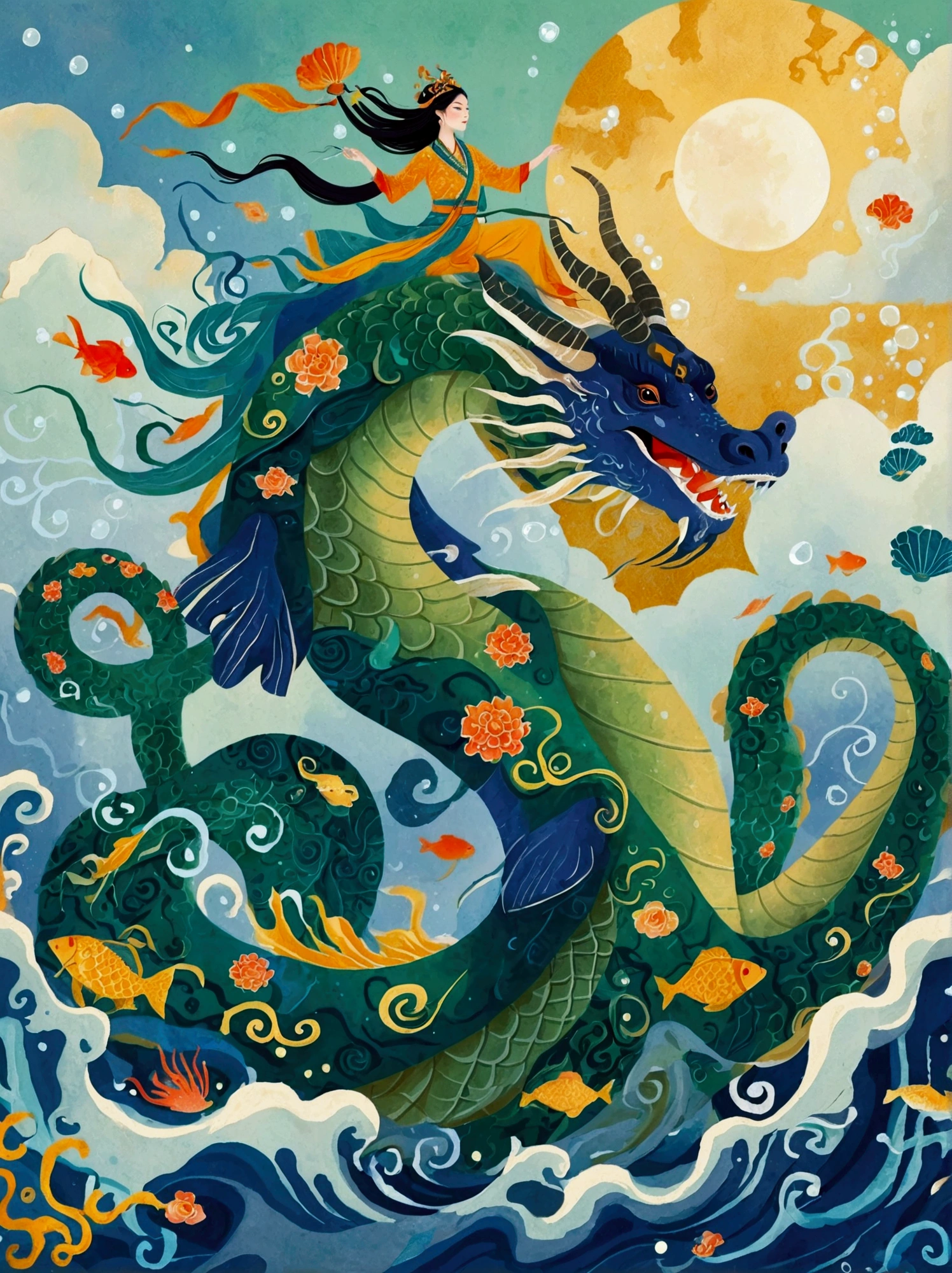 A colorful illustration of the mythical sea monster giant contractors with long hair, dressed in blue and green adorned with golden patterns. She gracefully hovers above an ocean covered in clouds, surrounded by water elements such as waves, fish, bubbles, and marine creatures, all rendered in intricate details and vibrant colors. The background features auspicious cloud motifs and traditional symbols like mountains and suns, creating a harmonious atmosphere in the style of Chinese illustrations