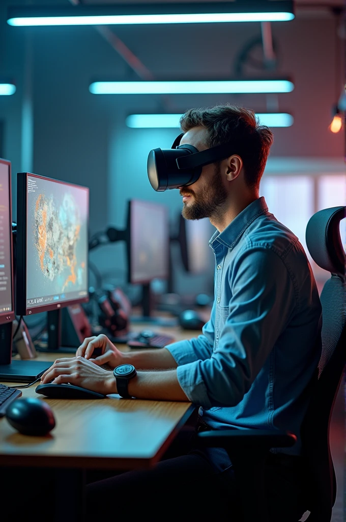 VR designer (Name: &quot;Mark&quot;) Sitting at a desk in an office full of computers and VR gear. Text: Mark has a new project to design a VR experience that supports education in a virtual world.