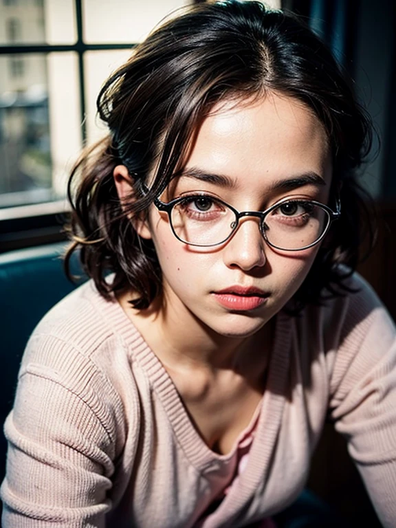 , (masterpiece:1.2, highest quality), (Realistic, photoRealistic:1.4), Beautiful illustrations, (Natural Side Lighting, Cinema Lighting), Written boundary depth, Beautiful thighs staring at the viewer, (((Face Focus, Upper Body))), 1 female, 30-year-old, alone, thin, slender, (small breasts), short Hair, Curly Hair, Forehead, Forehead, Forehead, Forehead, thin, slender, glasses, vivid pink sweater, sexy pencil skirt, Are standing, ((Close-up)), ((Close-up)), ((Close-up))